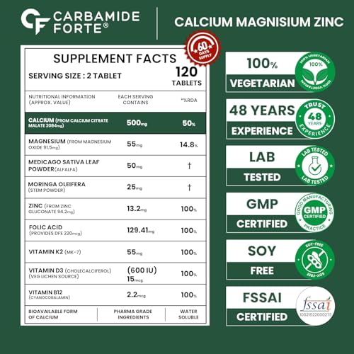 Image of Carbamide Forte Veg Calcium And Vitamin D3 Tablets | Calcium Tablets for Women & Men | Magnesium Zinc Supplement With Vitamin D3 + K2 MK7 To Support Bones health, Joints & Immunity - 120 Tablets