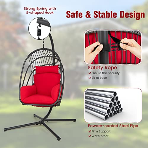 Giantex Egg Chair Hammock Stand - Hanging Swing With Stand, Folding Swinging Chair With Soft Cushion & Pillow, Wicker Rattan Hanging Chair For Bedroom,Garden, Patio Foldable Hammock Chair (Red) #TOP3