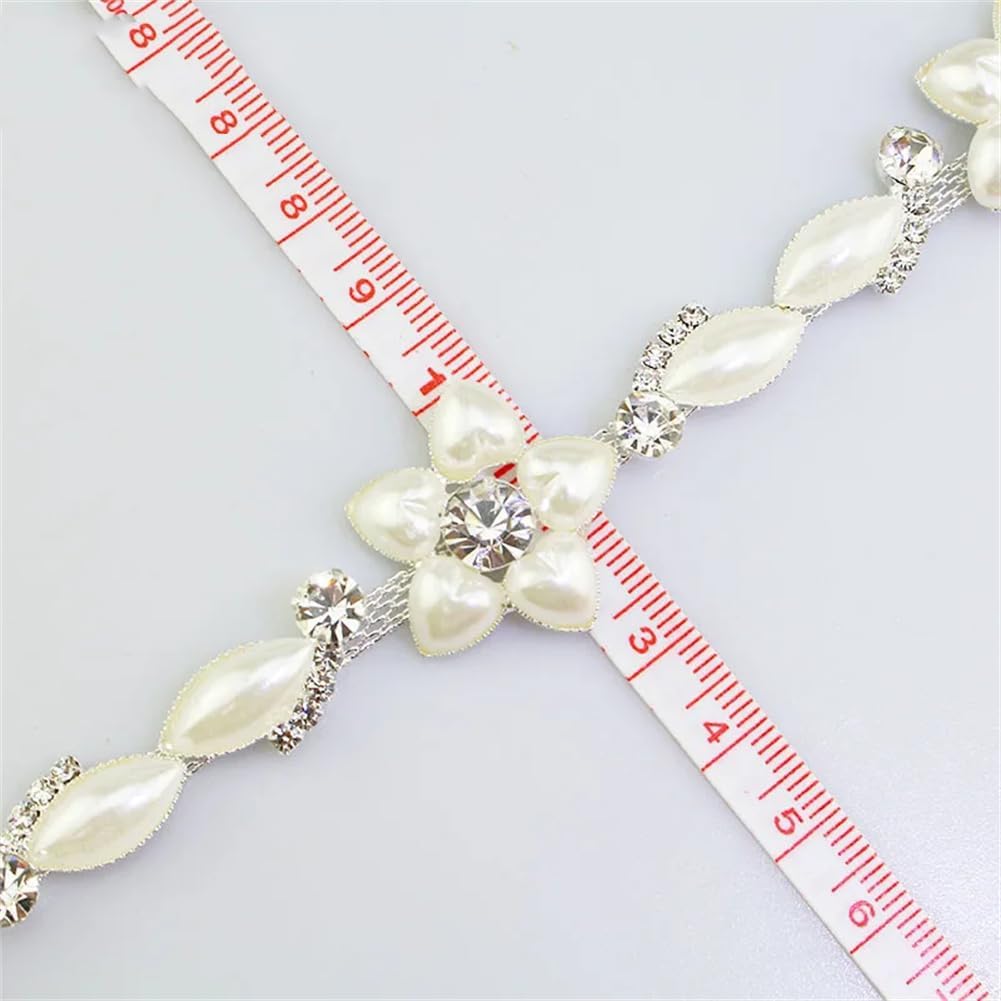 Generic 1/5Yards Pearl Flower Shape Crystal Metal Chain Decoration Rhinestone Trim for Wedding Dress Silver 5 Yards