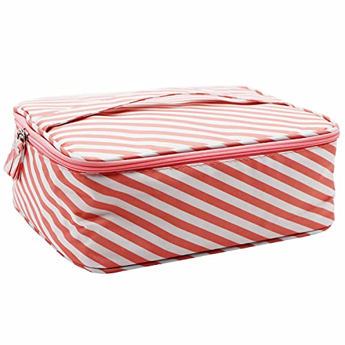 Portable Travel Makeup Cosmetic Bags Makeup Storage Toiletry Bags for Women, Makeup bag Organizer with Dividers , Large Travel Makeup Organizer for Girls Make Up Bag Brush Bags (Pink Stripe)