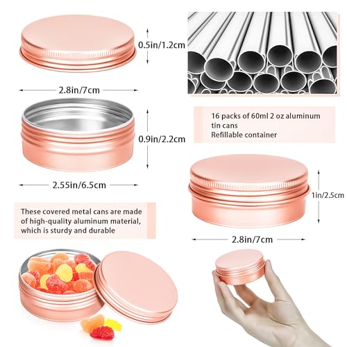 MotBach 16 Pack 2oz Tin Jars, 60ml Metal Tin cans, 2Ounce Aluminum tin can jar Containers with Screw Lid for Lotion Bars, Toiletries, Creams, Samples, Makeup Cosmetic, Spices, Salve, Balms, Beard Balm2