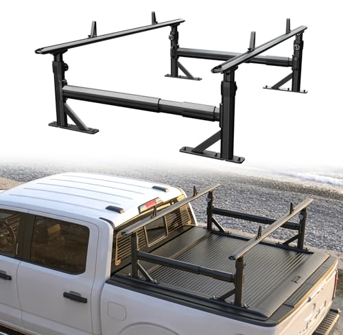 Image of TRUMGETA Adjustable Truck Bed Rack Compatible with Side Bars, Fit for F150 Silverado Ram Sierra with T-Slot Tonneau Covers, No Drill Installation, 1100 LBS Capacity, Truck Ladder Rack for Kayaks