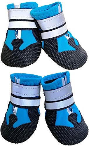 Ewolee Botas para Perros, Juego de 4 Zapatos con Correas Reflectantes Ajustables y Suela Antideslizante para Pequeños Medianos y Grandes (S, Azul)