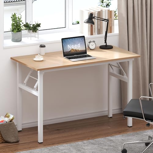 Image of Need Office Computer Desk 39.3 Inch Sturdy Folding Laptop Table Pink Oak | White Frame Writing Gaming Work Table /Foldable Home Office Desk /Sewing Table, No Assembly Required
