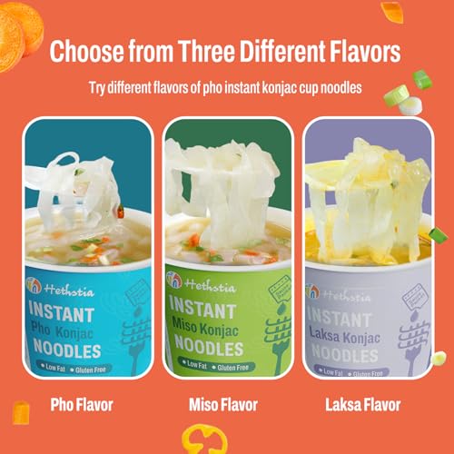 Image of Hethstia Konjac Noodles Soup Cups Variety Pack, Pho, Miso & Laksa, 6 Pack | Low Calories, Vegan, Gluten-Free, Keto Friendly, Low Carb, Low Fat, Low Sugar, Pre-Cooked Shirataki Noodles, Healthy Meal