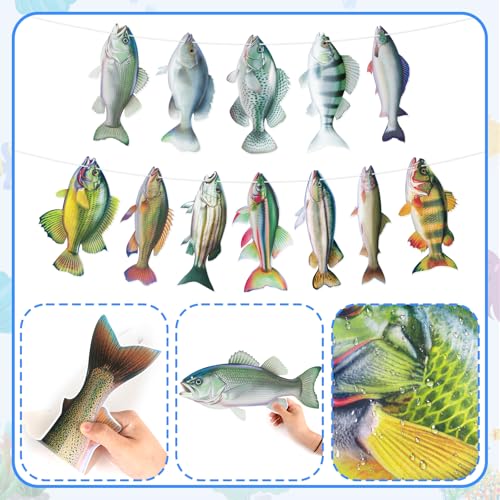 Image of Hooqict Gone Fishing Hanging Banner Garland Fish Birthday Party Banner for Happy Birthday Decorations Fishing Theme Party Supplies Under The Sea Baby Shower Fathers Day Decorations