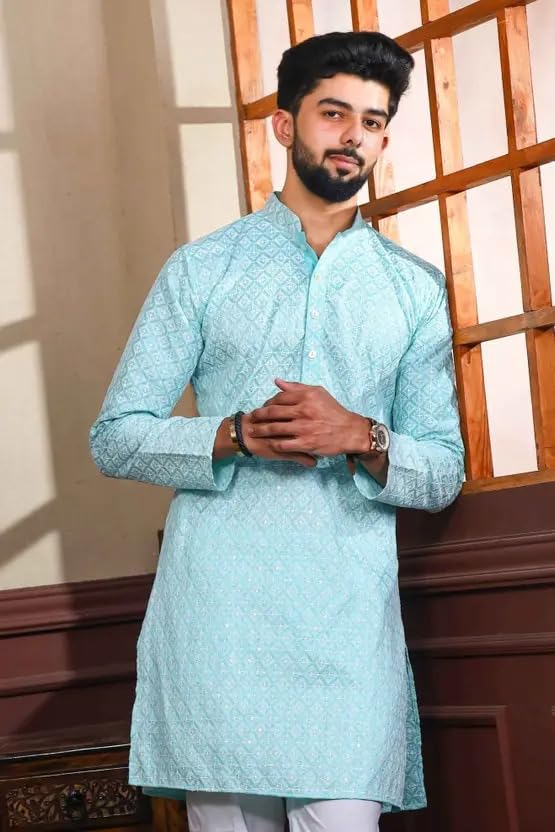 Image of LookMark Men's Printed Silk Blend Kurta with Mandarin Collar, Full Sleeves, Straight Fit Traditional Ethnic Wear