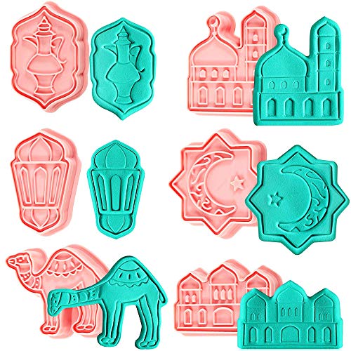 IUAQDP 6 Pieces Eid Mubarak Cookie Cutters Ramadan Islamic Muslim Biscuit Mold 3D Sugar Cookie Pie Crust Cutter Pastry Fondant Stamper Baking Mold