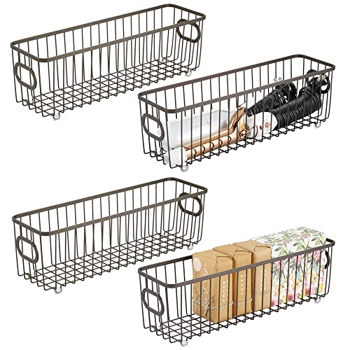 mDesign Metal Bathroom Storage Organizer Basket Bin - Farmhouse Wire Grid Design - for Cabinets, Shelves, Closets, Vanity Countertops, Bedrooms, Under Sinks - Long, 4 Pack - Bronze