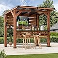 Modern Shade The Aura Cedar Wood Entertainment Bar Center, Wood Gazebo Grill Pavilion with Shelves & Paper Towel Holder, Grill Gazebo with Hardtop Steel Roof,TV Mount, Power Strip for Patio, Garden