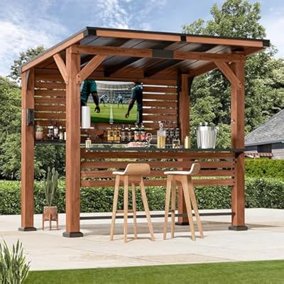 Modern Shade The Aura Cedar Wood Entertainment Bar Center, Wood Gazebo Grill Pavilion with Shelves & Paper Towel Holder, Grill Gazebo with Hardtop Steel Roof,TV Mount, Power Strip for Patio, Garden