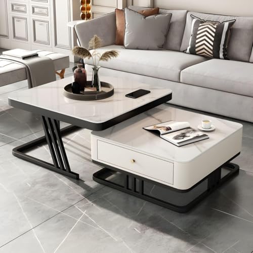 Image of Two Square Stacking Nesting Coffee Tables with Metal Frames, Wooden Tops, and Handcrafted Drawers Make up This Contemporary Centre Couch Table for Living Rooms bedrooms, & Apartments (Bk Wht)