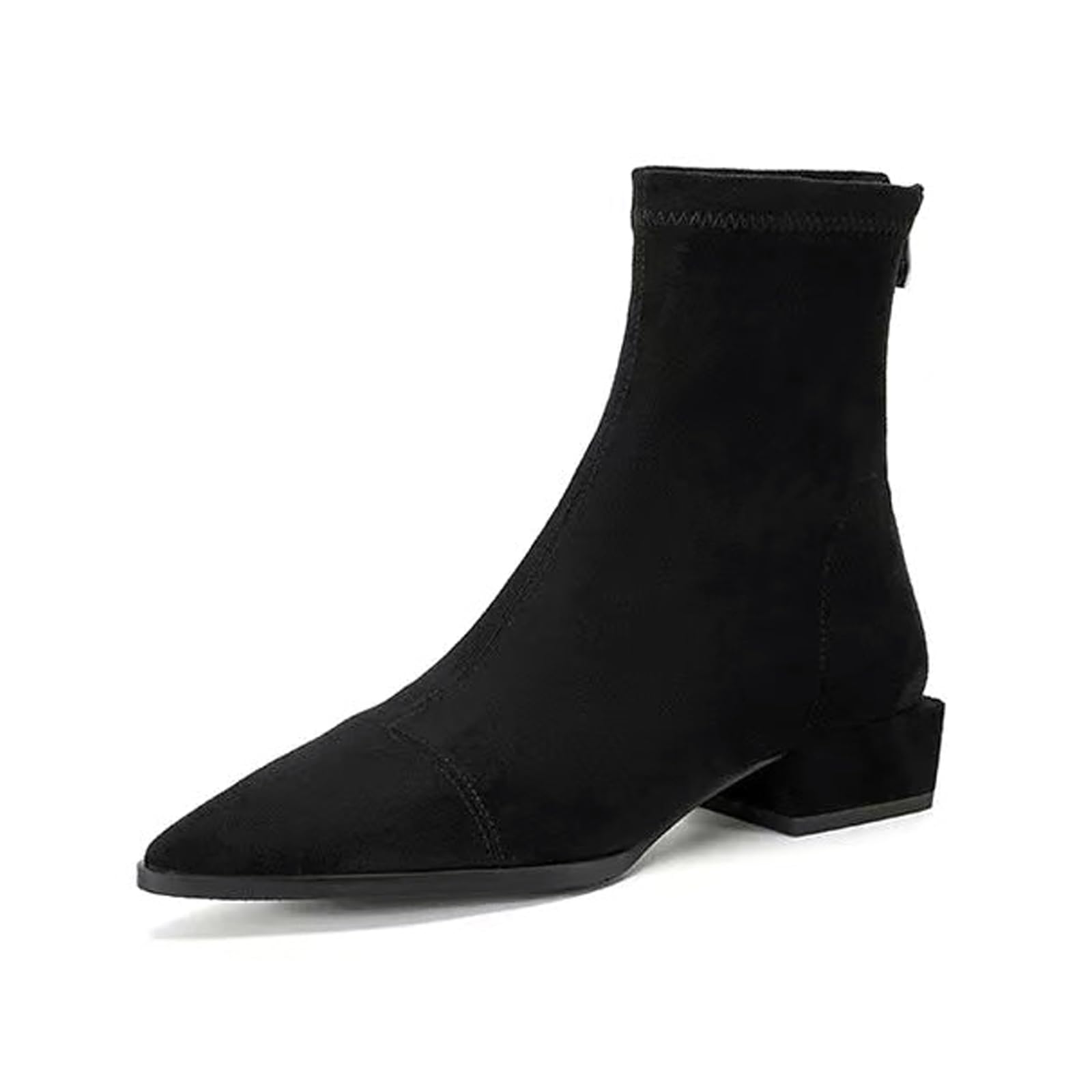 Womens Suede Chunky Heel Ankle Boots with Back Zipper Retro Comfortable Pointed Toe Low Heel Short Bootie Fall