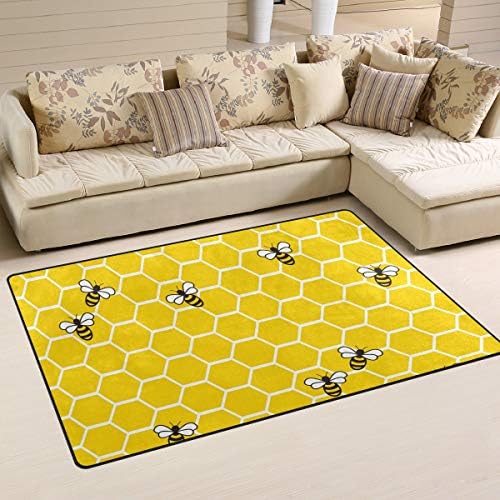 WellLee Children Area Rug,Yellow Bees On Honeycomb Floor Rug Non-Slip Doormat for Living Dining Dorm Room Bedroom Decor 60x39 Inch
