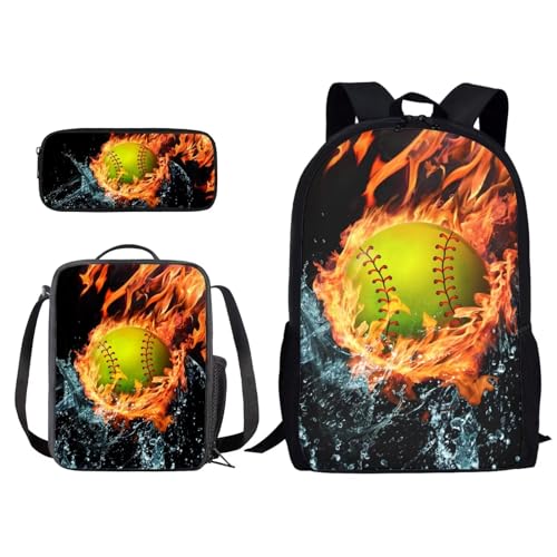 Set di 3 zaini per la scuola con stampa novità con borsa per il pranzo e astuccio per matite per studenti bambini ragazzi Fuoco e Acqua Splatter Softball Taglia unica