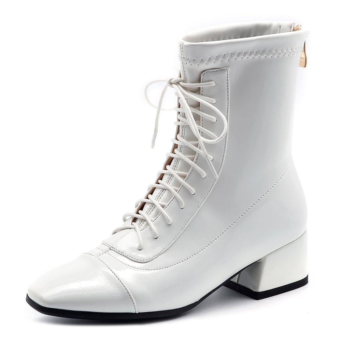 Womens Square Toe Western Dressy Ankle Boots Lace Up Zipper Low Heels Winter Fall Chelsea Short Booties