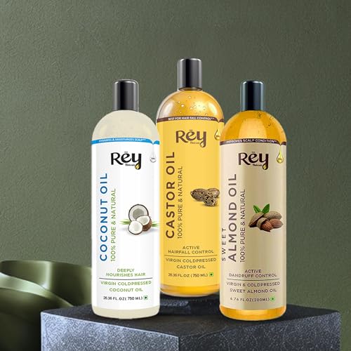 Image of Rey Naturals Hair Oil Combo - Cold Pressed Castor Oil, Virgin & Pure Coconut oil & Sweet Almond Oil For Hair, Skin & Face - 200ml Each | For Hair Growth, Hairfall Control, Eyebrow & Eyelashes