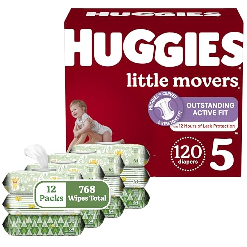 Image of Huggies Little Movers Diapers & Wipes Bundle: Huggies Little Movers Size 5 Baby Diaper, 120ct & Huggies Natural Care Sensitive Wipes, Unscented, 12 Packs (768 Wipes Total) (Packaging May Vary)
