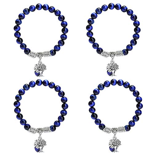Tumbeelluwa Beaded Bracelets Semi Precious Stone Yoga Beads Healing Crystals Tree Of Life Charm Chakra Bracelet Handmade Jewelry For Women,Blue Tiger's Eye #TOP3