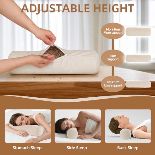 Image of Buckwheat Pillow - Adjustable Buckwheat Neck Pillow(17x4) to Provide Firm Support, Neck Roll Pillows for Side and Back Sleepers, Cylinder Bolster Pillows with Organic Pillowcase