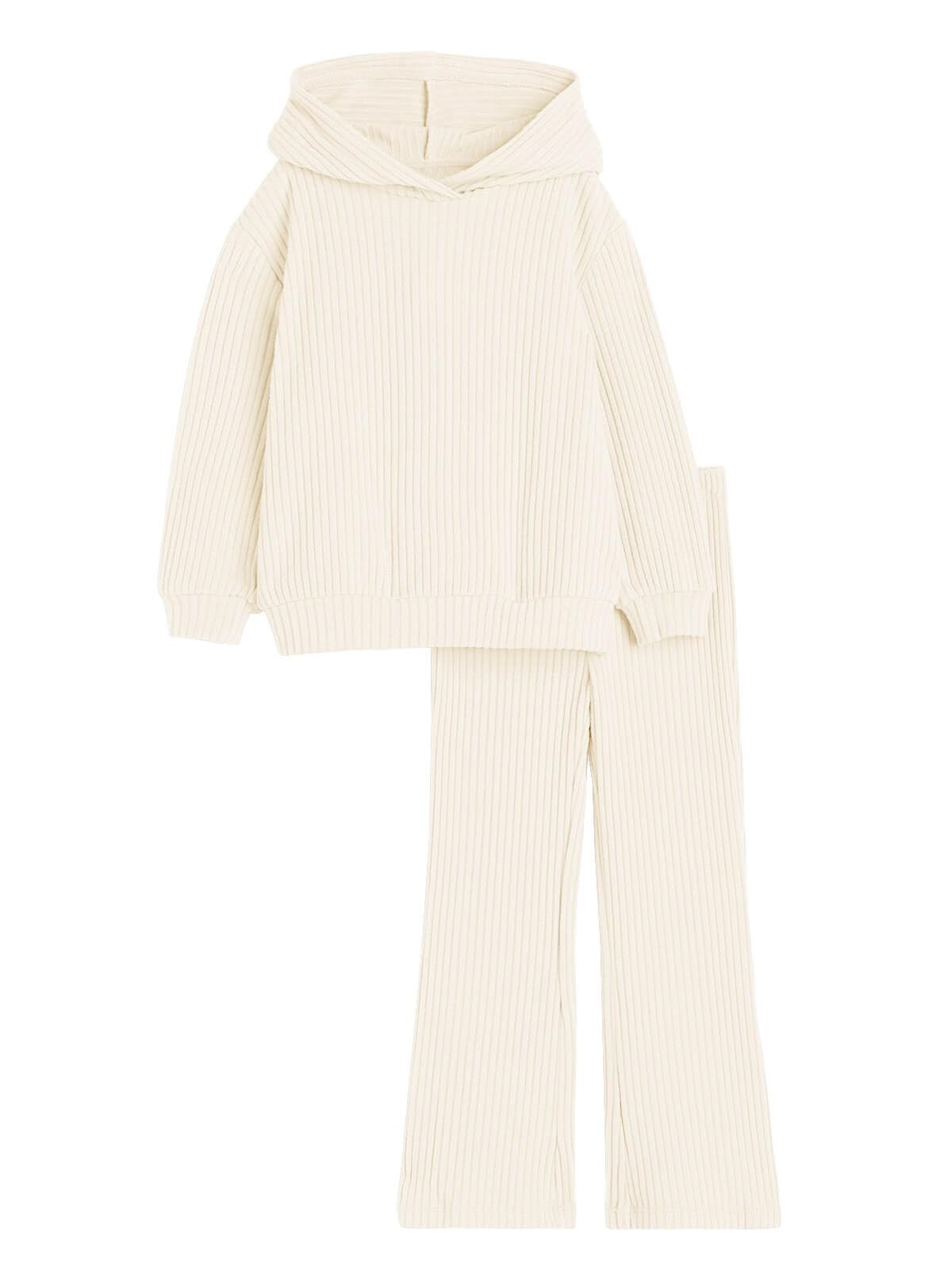 Haloumoning Girls 2 Pieces Outfits Ribbed Knit Hoodies Flare Pants Sweatshirts and Sweatpants Kids Tracksuits 4-14 Years
