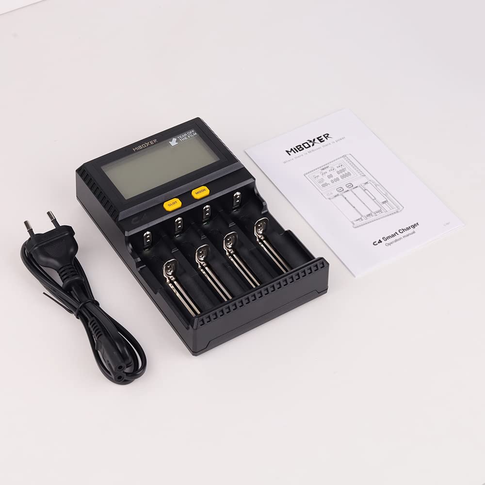 18650 Caricabatterie, Caricabatterie Intelligente Universale con Display LCD per Batterie NI-MH, NI-Cd, AA, AAA, 14500, 18350, 21700, 26650, Li-Ion LiFePO4, RCR123A (4 Slot)