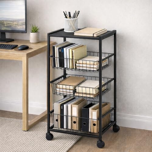 Image of WINSTAR Metal Rolling Trolley with Lockable Wheels | Heavy Duty Multifunctional Storage Cart with Pull-Out Wire Baskets | Fruit Vegetable Organizer Rack with Tabletop (Black, 3-Tier wd Tabletop)