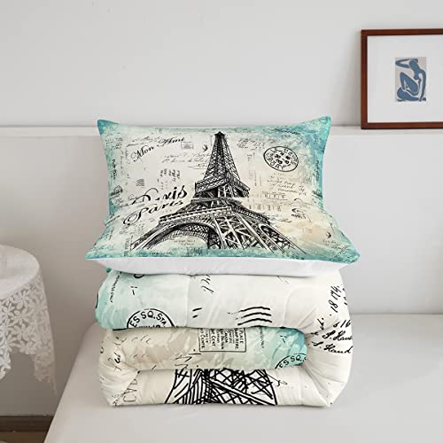 Feelyou Eiffel Tower Comforter Girls Women Chic Retro Paris Theme Bedding Set Kids Teens Vintage Paris Cityscape Comforter Set Bedroom Decor French Teal Duvet Set King Size With 2 Pillow Case #TOP4