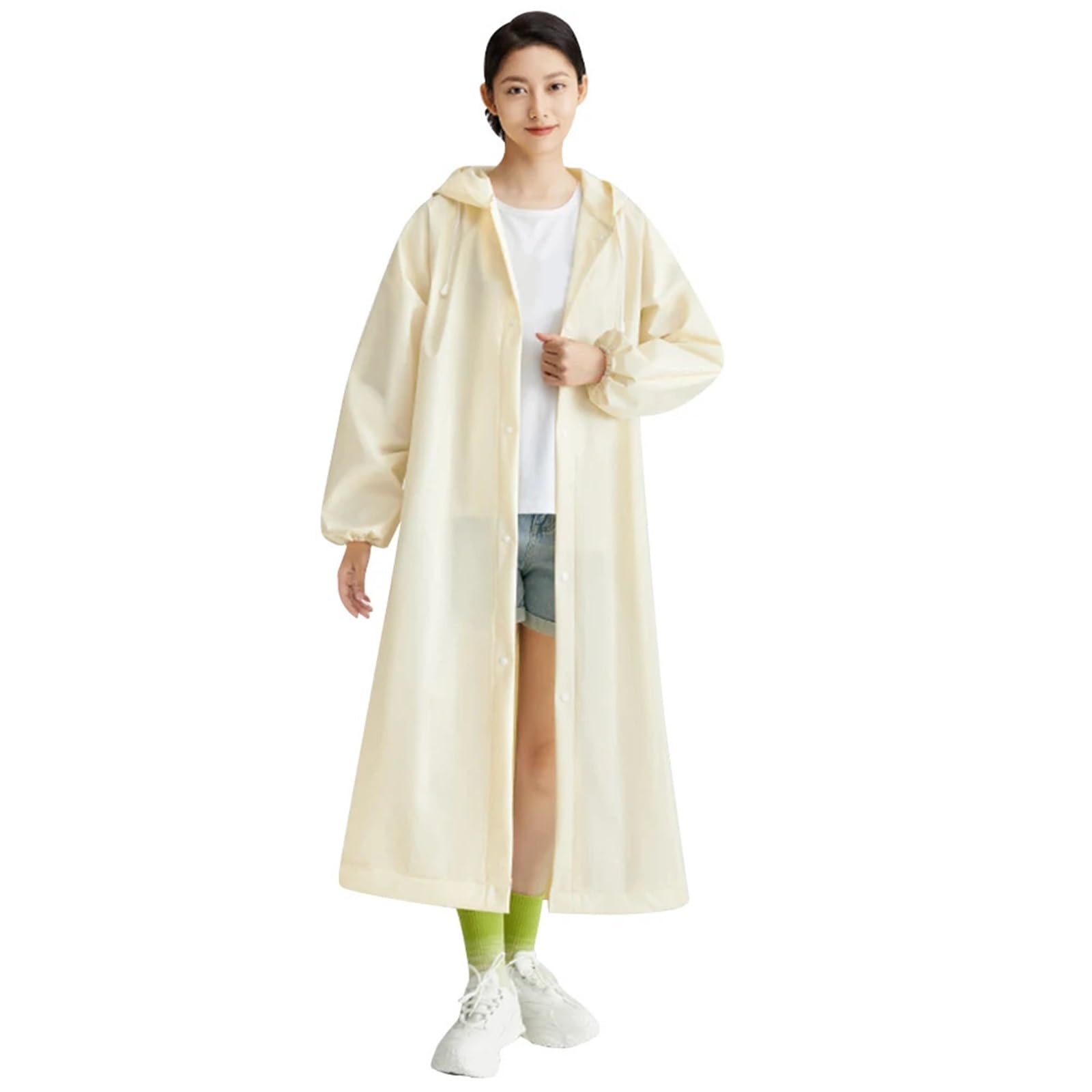 EXKURPOO Rain Poncho Raincoat Hooded One-piece Long Reusable Poncho Outdoor Rainwear For Women And Men Transparent Waterproof(Beige)