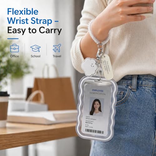 Image of Street27 Cloud Shape Photo Card Holder with Keychain Pendant | Transparent ID Badge Case with Wrist Strap | Silicone Protective Card Cover for Office, School & Travel (Grey)