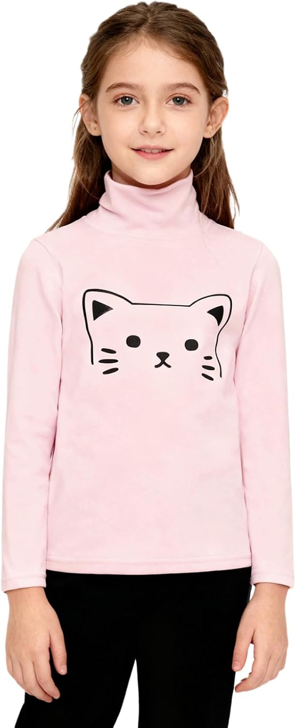 Hansber Kids Girls Base Layer Thermal Shirts Long Sleeve Cute Cat Print Half Turtleneck Fleece Pullover Top