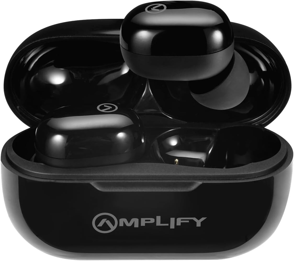 Top view of Amplify Zodiac Series True Wireless Earphones inside their open charging case.