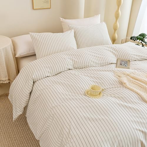 Image of ECOCOTT Stripe Duvet Cover King Size, 100% Washed Cotton Linen Feel Pinstripe Bedding Set - 3pcs Soft Breathable Vertical Striped Comforter Cover with White and Grey Stripes