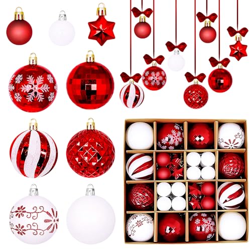 Moerstar 44 Pezzi Palline di Natale, Set Palline Albero di Natale, Decorazioni Natalizie per Albero, Ornamenti Palle Natalizie Rosso Verde Oro Bianco Rosa per Decorazioni Feste (Stile A)