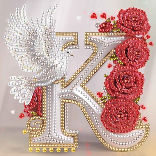 Image of AiYuanzsh 5D Diamond Art Kits for Adults Letter K, Romantic Rose & Dove Alphabet Diamond Painting, Luxury Special Shape Diamond Art for Adults DIY Crystal Rhinestones Home Decor 17x17cm