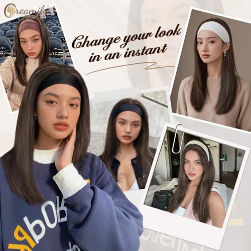 Image of Creamily Long Brown Straight Headband Wig for Women Synthetic Glueless Heat Resistant Bob Wig Natutal Looking for Daily Party Use 18 Inch