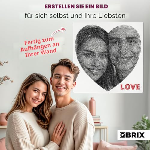 QBRIX Herz – String Art Fadenbild DIY | personalisiertes Geschenk | eigenes Foto als Garnbild | Wunschmotiv | Wandbild (Herz Form 50×50 cm)