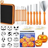 JOYIN 12 kit per intaglio a pompino per Halloween, set professionale con borsa a mano, 12 stencil, 4 luci LED per luci fai da te, Jack O lanterne, acciaio inox a doppio lato
