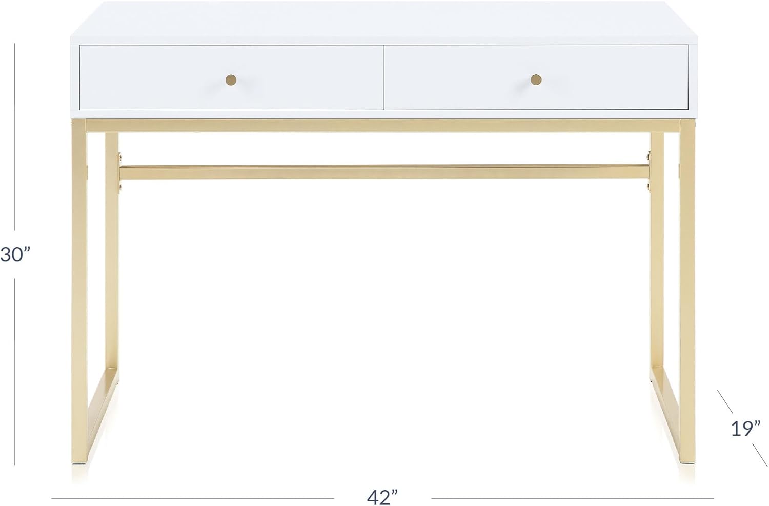 BELLEZE Modern 42 Inch Makeup Vanity Dressing Table or Home Office Computer Laptop Writing Desk with Two Storage Drawers, Wood Top, and Gold Metal Frame - Bronte (White)