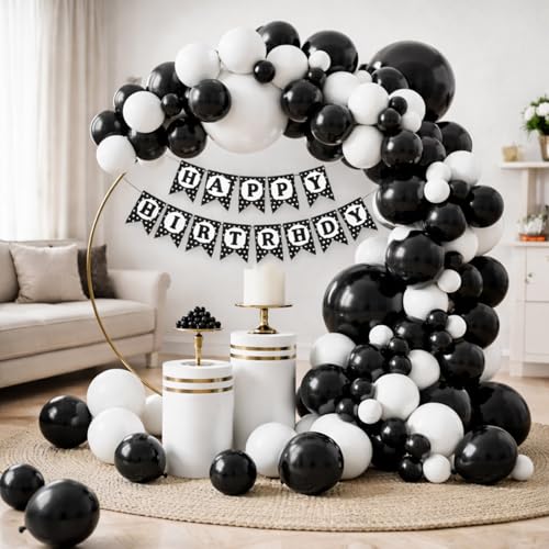 Image of Rozi Decoration Black and White Balloon Decoration Kit with Happy Birthday Paper Banner, 32 Pieces Party Decor Set for Birthday Celebration, Home and Event Decoration