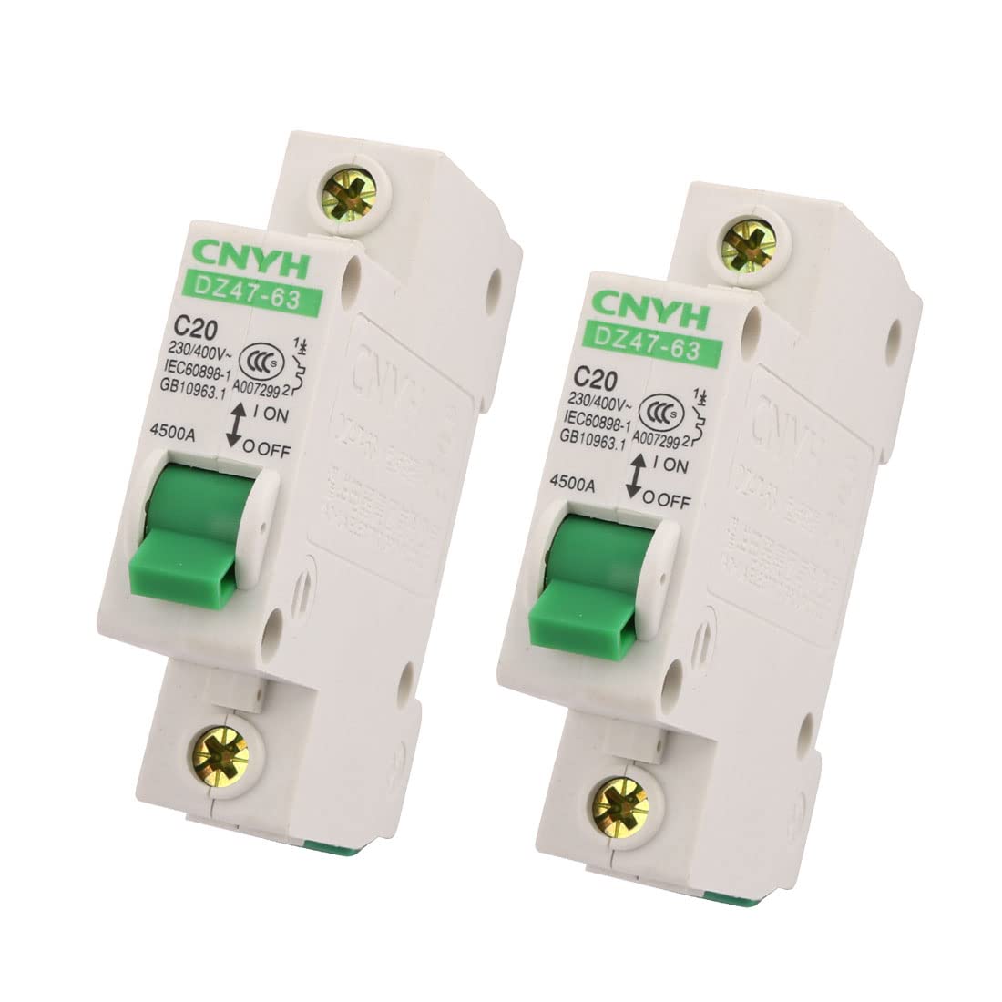 IEUMJNAT 2Pcs AC 230V/400V 20A One Pole Overload Protection Circuit Breaker DZ47-63 C20