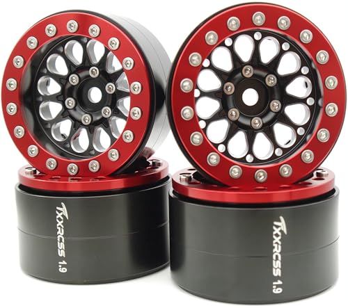 TxXrcss 156g Super Heavy Duty RC 1.9 Beadlock Wheels Offsets -6mm Rims Hex 12mm Wheel for TRX4 TRX6 SCX10 Gen8 1/10 RC Crawler Remote Control Car Upgrades Accessories (Black & Red)