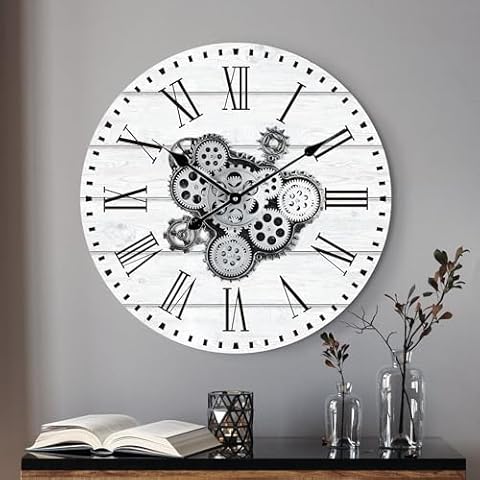 Lafocuse 23 Inch Wooden Moving Gears Wall Clock, Large Roman Numeral Clock with Moving Gears,White Oversize Industrial Vintage Rustic Farmhouse Wall Clock for Living Room Decor Office Home-Version 2.0 Cover