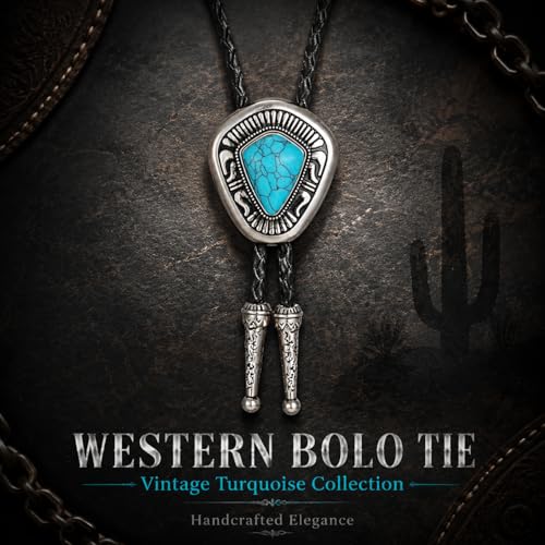 Image of Turquoise Bolo Tie for Men, Leather Braided Necktie Western Cowboy Bola Tie Costume Accessories for Men Women