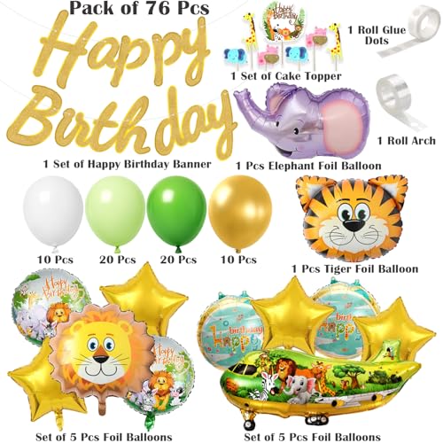 Image of Rozi Decoration Jungle Theme Birthday Decoration Kit with Balloon, Happy Birthday Cardstock Paper Banner, Cake Topper Set and Green White Gold Latex Balloons - 76 Pieces Party Decoration Set