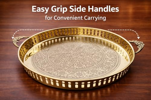 Image of Mkd2 Rise Handmade Embossed Pure Brass Puja Thali with Handle, 12 Inch Round Pooja Plate (Gold, 1 Piece) for Home Temple, Mandir, Office, Festival, Wedding, Diwali Gift