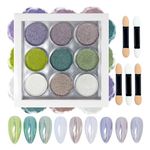 Image of 9 Colors Chrome Nail Powder Palette, White Green Purple Metallic Mirror Holographic Chrome Powder for Nails, Fine Glitter Nail Art Decoration for Home DIY Salon Manicure Pigment, A