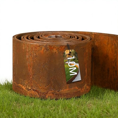 Rasenkante Metall 10 m x 15 5 cm Cortenstahl Beeteinfassung Beetumrandung Rostoptik Rasenkanten Biegbare Rasenkante für Rasen Beete Kiesflächen und Wege (rostoptik 10 m)