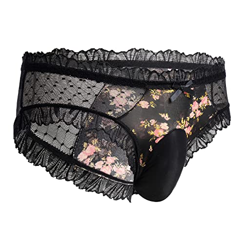 ABAFIP Men's Sissy Lingerie Floral Bowknot Panties Low Waist Sheer Mesh Underpants Crossdressing Bikini Underwear4