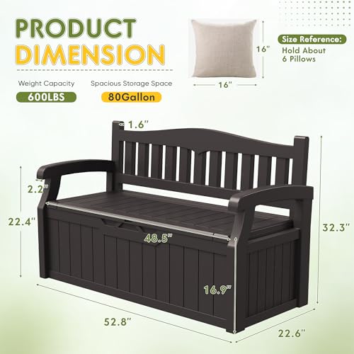 Image of Greesum 80 Gallon Storage Bench Outdoor Deck Box with Armrest, Brown